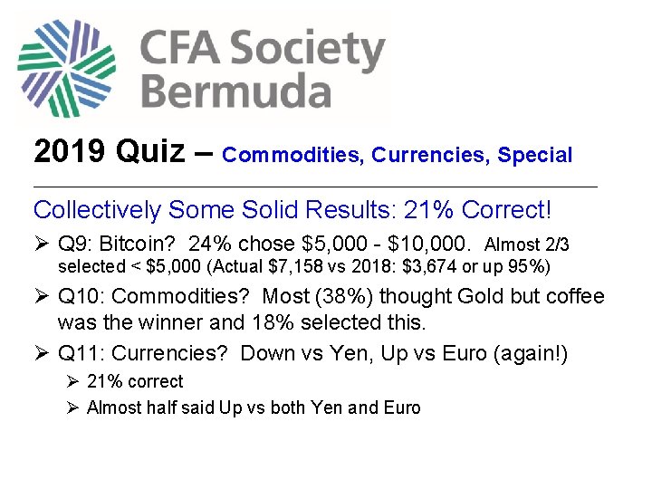 2019 Quiz – Commodities, Currencies, Special ________________________________________ Collectively Some Solid Results: 21% Correct! Ø
