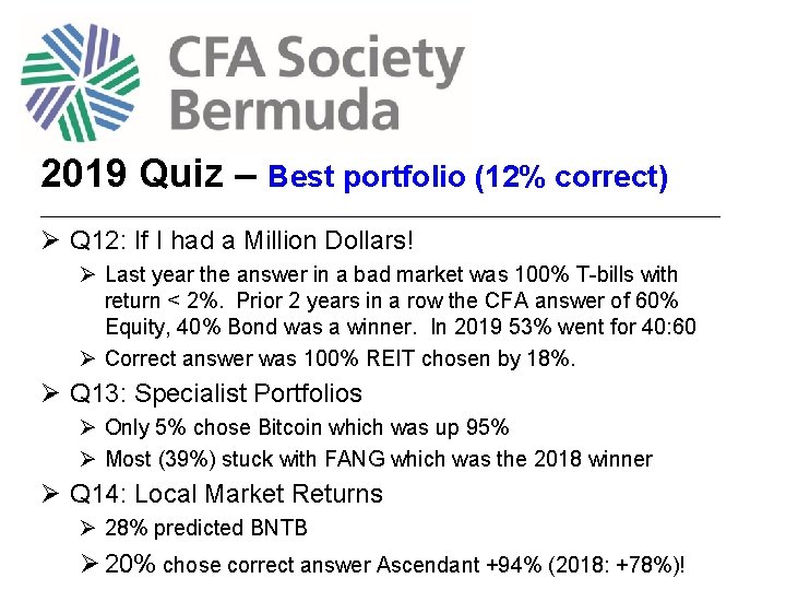 2019 Quiz – Best portfolio (12% correct) ________________________________________ Ø Q 12: If I had