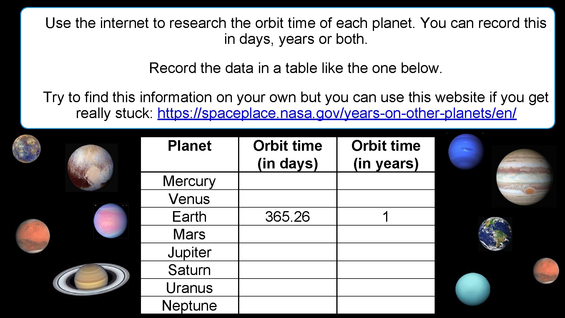 Use the internet to research the orbit time of each planet. You can record