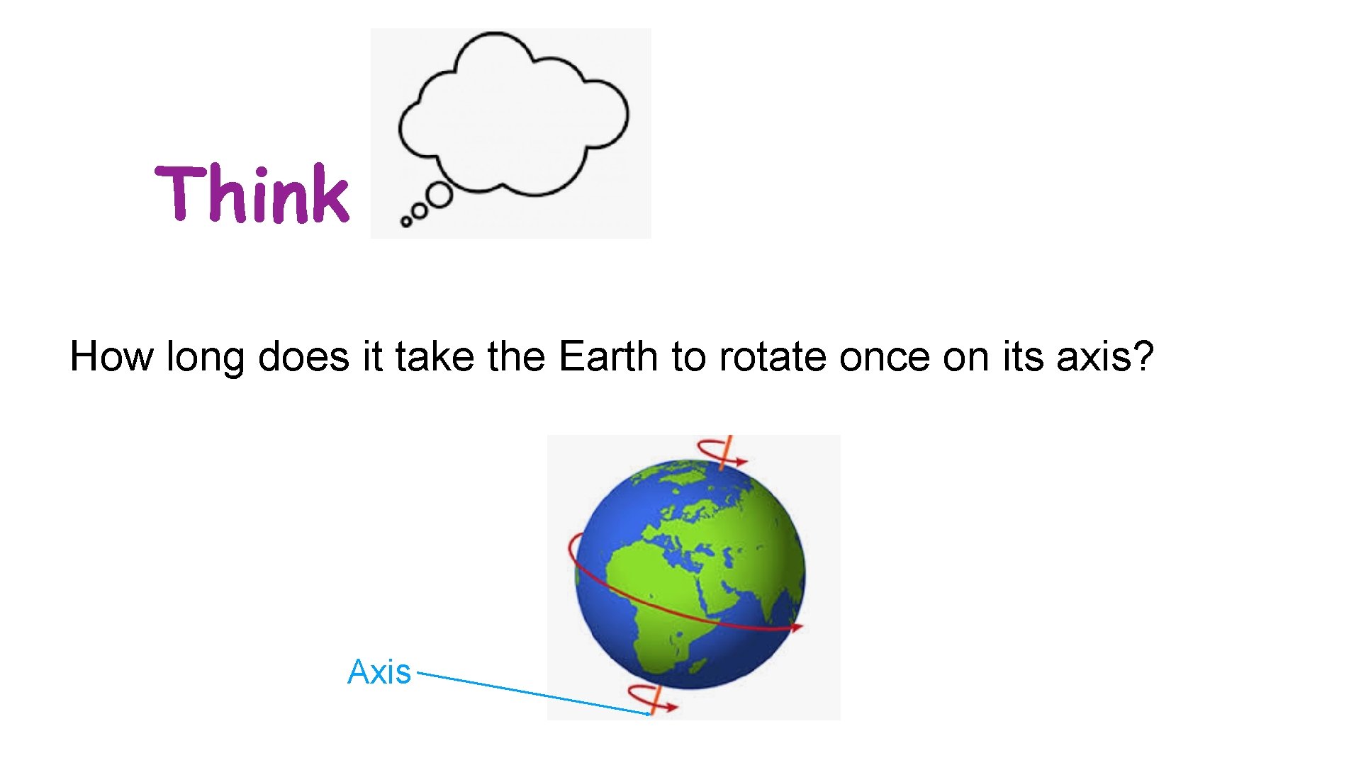 Think How long does it take the Earth to rotate once on its axis?