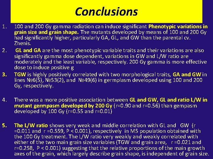 Conclusions 1. 2. 3. 100 and 200 Gy gamma radiation can induce significant Phenotypic