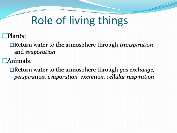 Role of living things �Plants: �Return water to the atmosphere through transpiration and evaporation