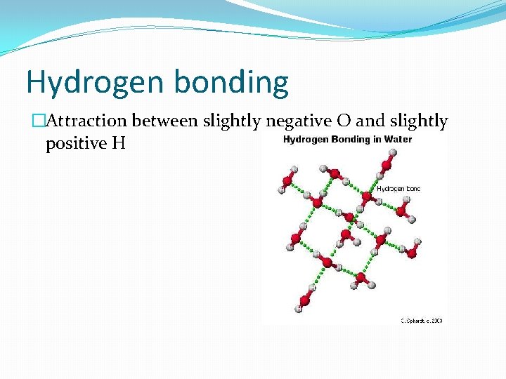 Hydrogen bonding �Attraction between slightly negative O and slightly positive H 