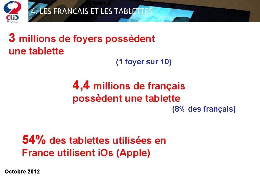 4. LES FRANCAIS ET LES TABLETTES 3 millions de foyers possèdent une tablette (1