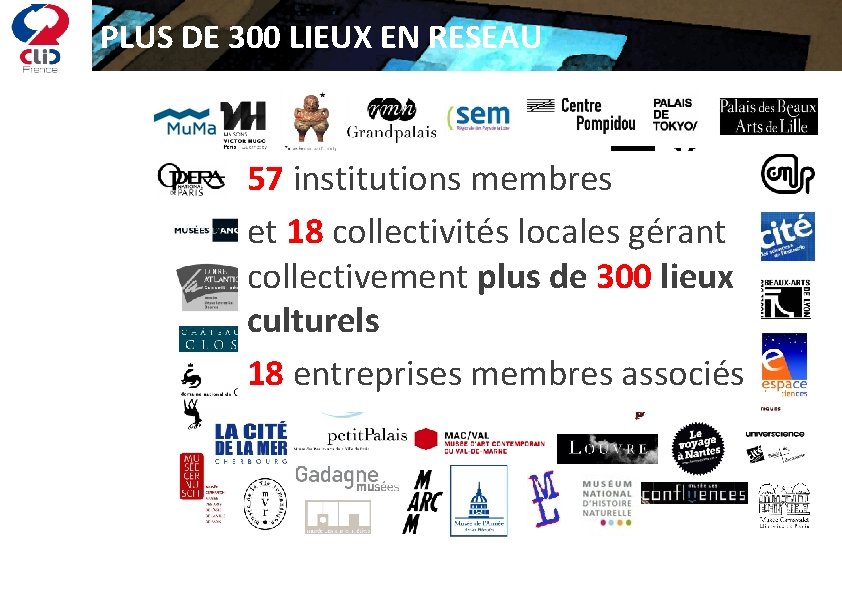 PLUS DE 300 LIEUX EN RESEAU 57 institutions membres et 18 collectivités locales gérant