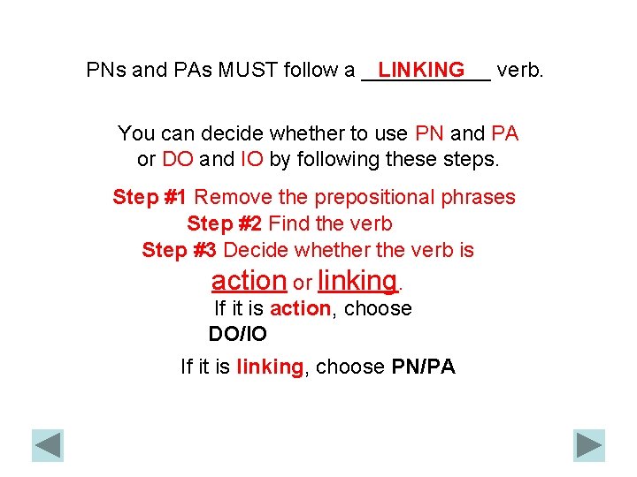 PNs and PAs MUST follow a ______ LINKING verb. You can decide whether to