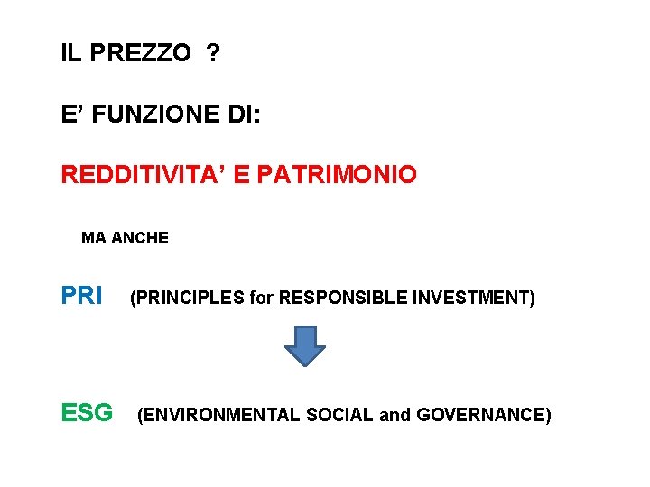 IL PREZZO ? E’ FUNZIONE DI: REDDITIVITA’ E PATRIMONIO MA ANCHE PRI ESG (PRINCIPLES