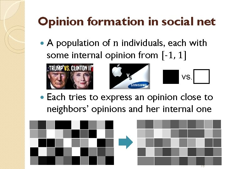 Opinion formation in social net A population of n individuals, each with some internal