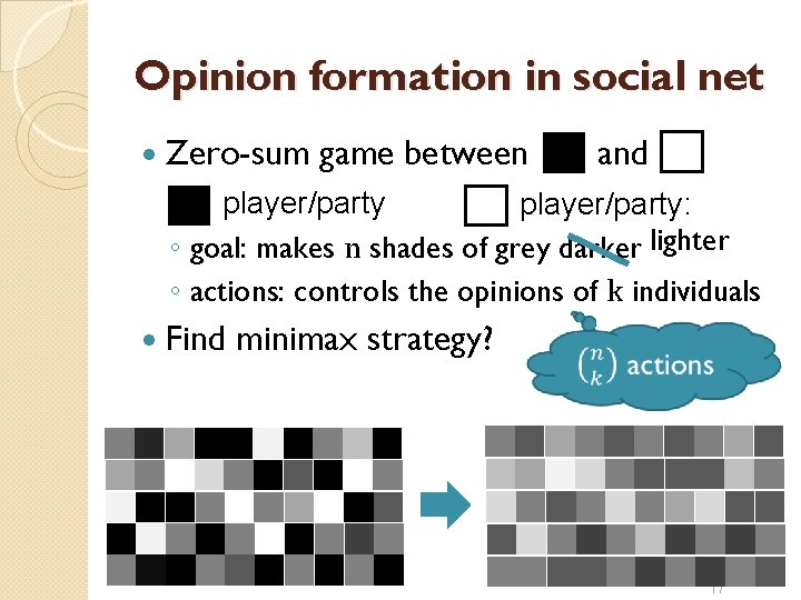 Opinion formation in social net Zero-sum game between and player/party: ◦ goal: makes n