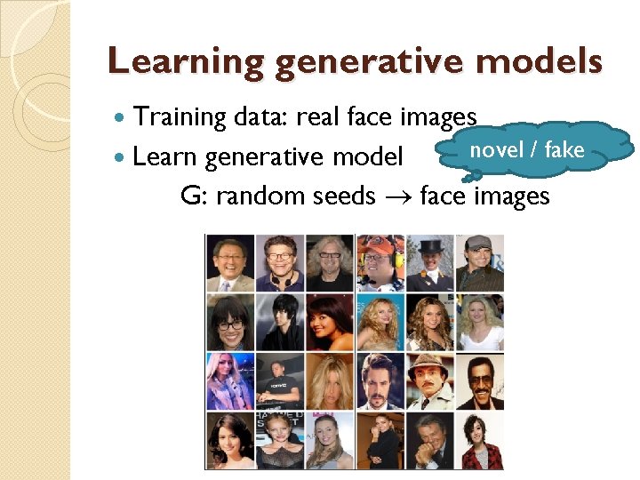 Learning generative models Training data: real face images novel / fake Learn generative model