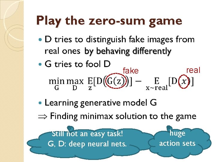 Play the zero-sum game fake Still not an easy task! G, D: deep neural