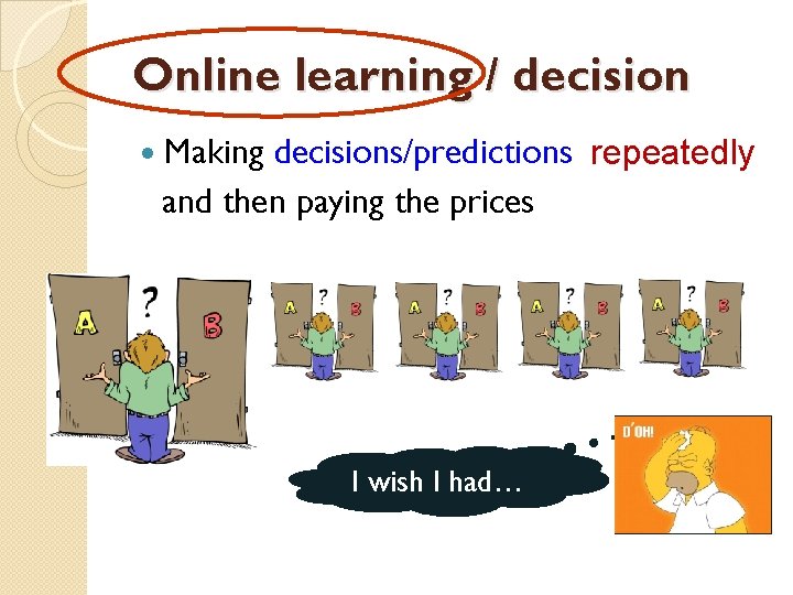 Online learning / decision Making decisions/predictions repeatedly and then paying the prices I wish