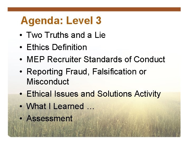Agenda: Level 3 • • Two Truths and a Lie Ethics Definition MEP Recruiter