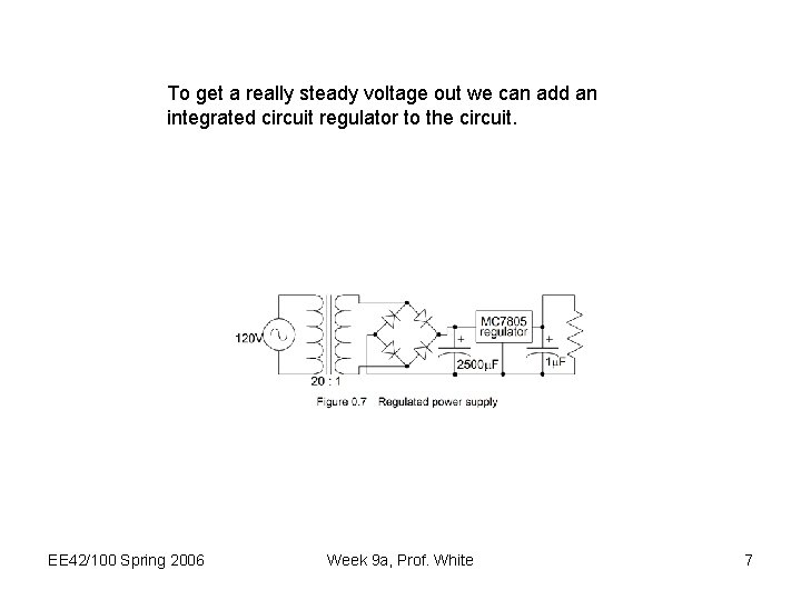 To get a really steady voltage out we can add an integrated circuit regulator