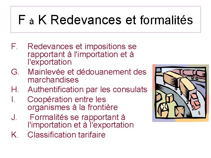F à K Redevances et formalités F. Redevances et impositions se rapportant à l'importation
