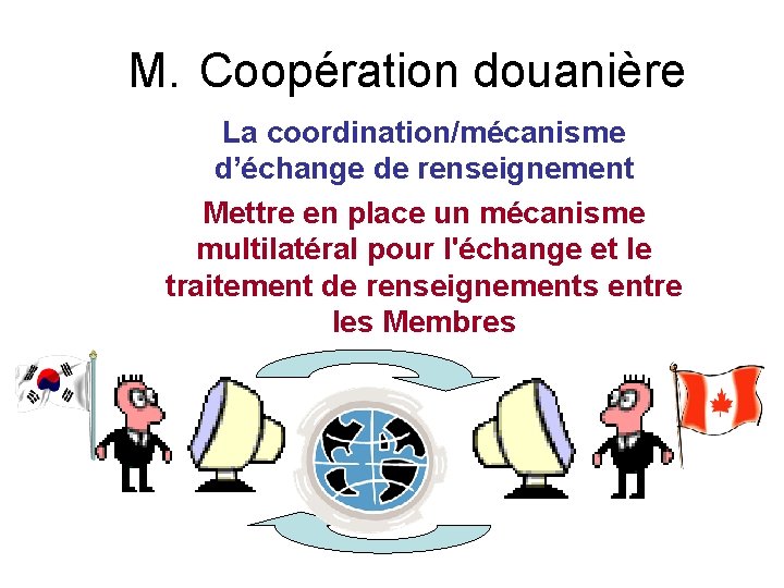 M. Coopération douanière La coordination/mécanisme d’échange de renseignement Mettre en place un mécanisme multilatéral