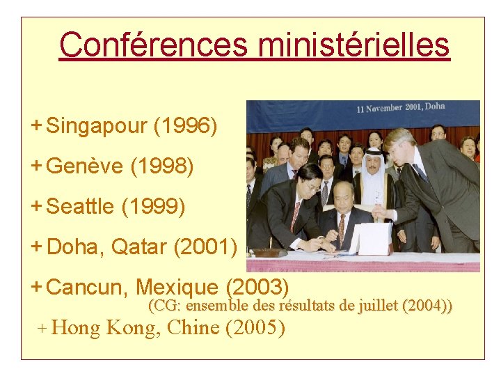 Conférences ministérielles + Singapour (1996) + Genève (1998) + Seattle (1999) + Doha, Qatar