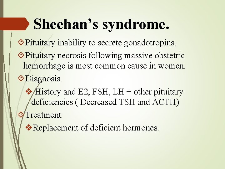 Sheehan’s syndrome. Pituitary inability to secrete gonadotropins. Pituitary necrosis following massive obstetric hemorrhage is