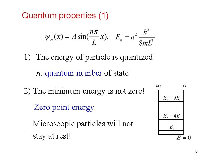 Quantum properties (1) 1) The energy of particle is quantized n: quantum number of