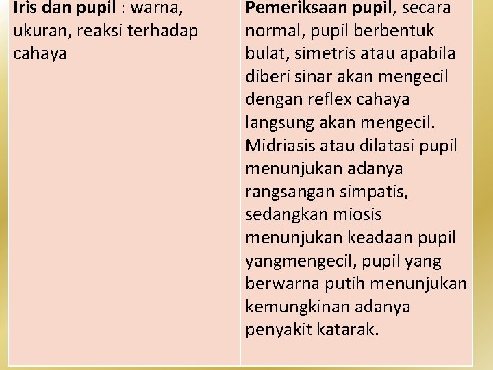 Iris dan pupil : warna, lanjutan Pemeriksaan pupil, secara ukuran, reaksi terhadap normal, pupil