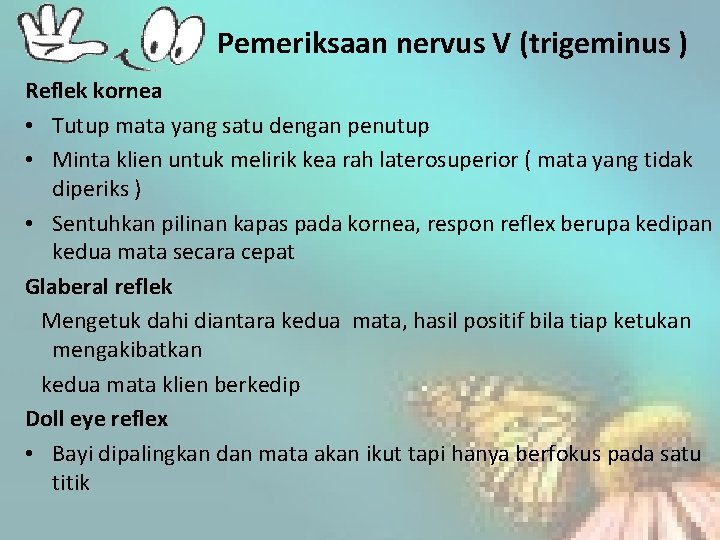 Pemeriksaan nervus V (trigeminus ) Reflek kornea • Tutup mata yang satu dengan penutup
