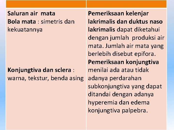 LANJUTAN Saluran air mata Bola mata : simetris dan kekuatannya Pemeriksaan kelenjar lakrimalis dan