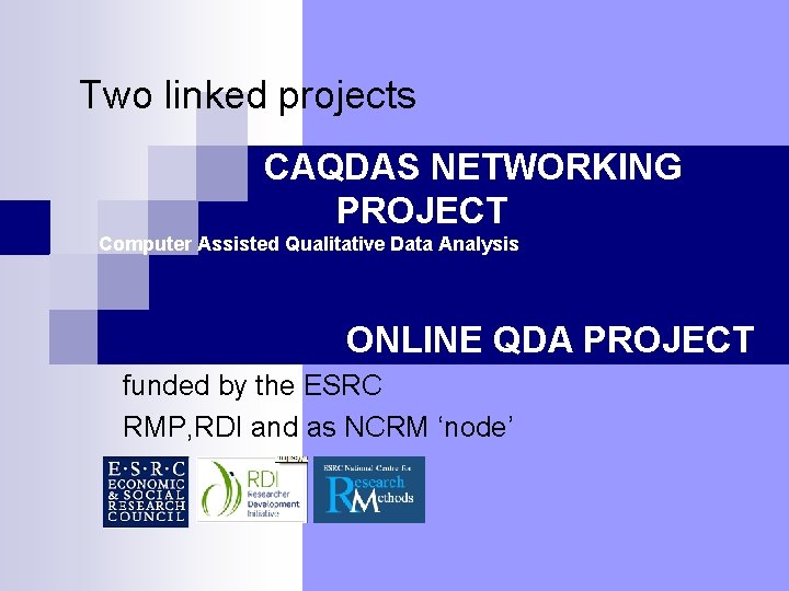 Two linked projects CAQDAS NETWORKING PROJECT Computer Assisted Qualitative Data Analysis ONLINE QDA PROJECT