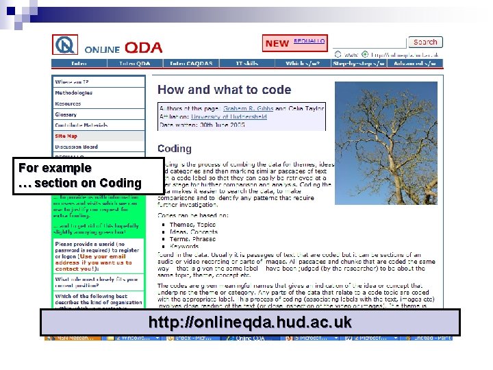 For example … section on Coding http: //onlineqda. hud. ac. uk 
