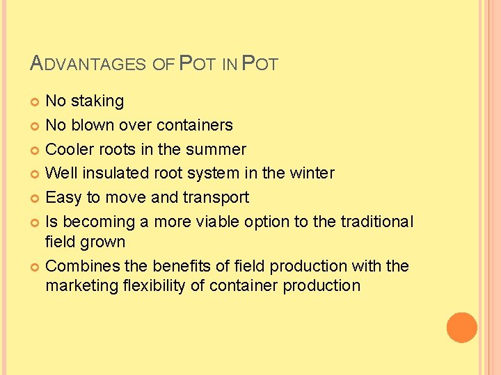 ADVANTAGES OF POT IN POT No staking No blown over containers Cooler roots in