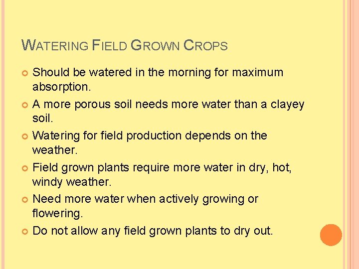 WATERING FIELD GROWN CROPS Should be watered in the morning for maximum absorption. A