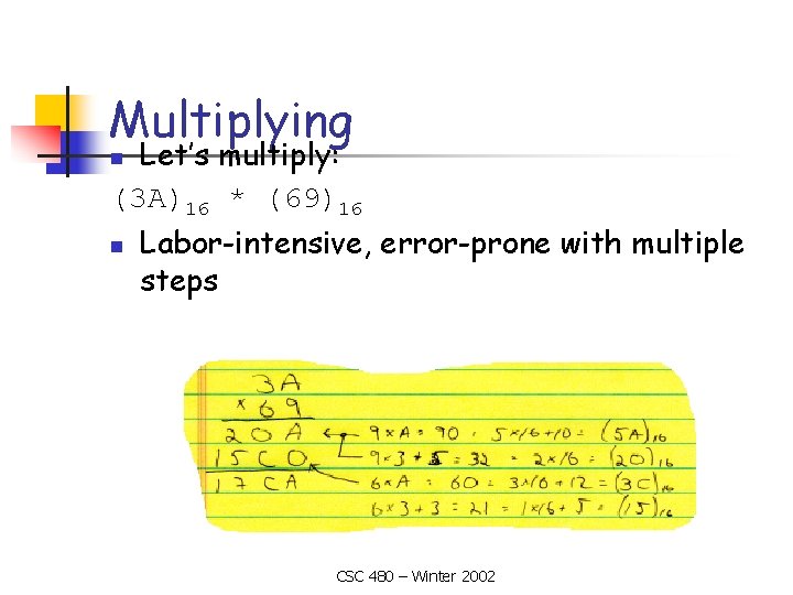 Multiplying Let’s multiply: (3 A)16 * (69)16 n n Labor-intensive, error-prone with multiple steps