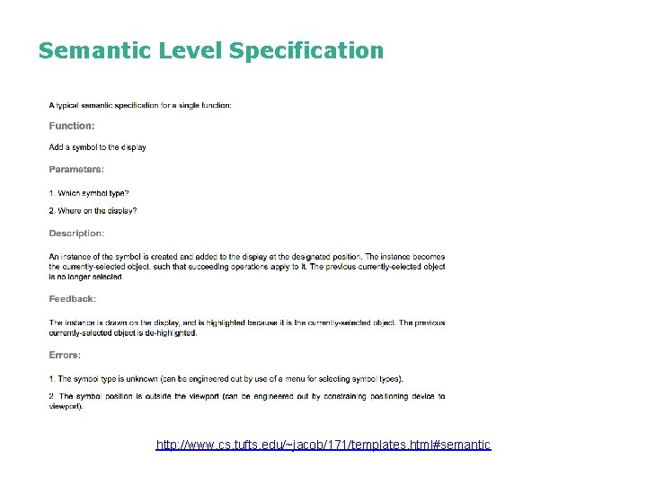 Semantic Level Specification http: //www. cs. tufts. edu/~jacob/171/templates. html#semantic Semantic Level Specification http: //www. cs. tufts. edu/~jacob/171/templates. html#semantic