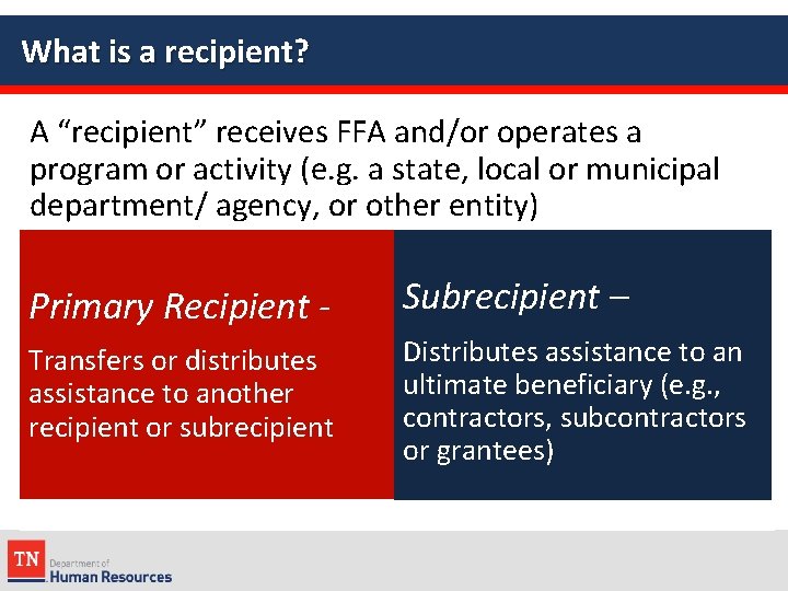 What is a recipient? A “recipient” receives FFA and/or operates a program or activity