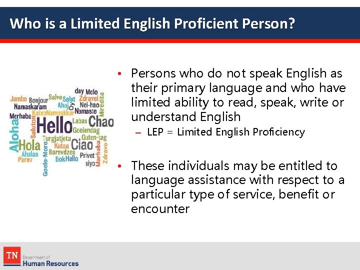 Who is a Limited English Proficient Person? • Persons who do not speak English