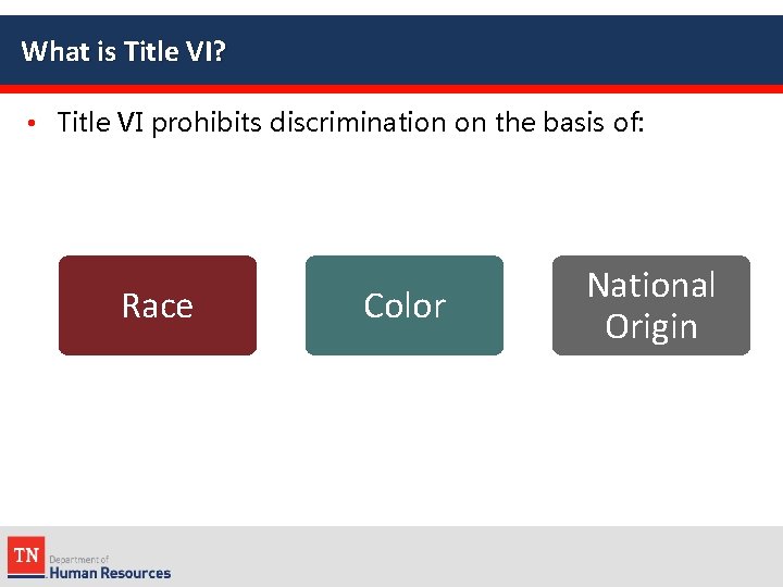 What is Title VI? • Title VI prohibits discrimination on the basis of: Race