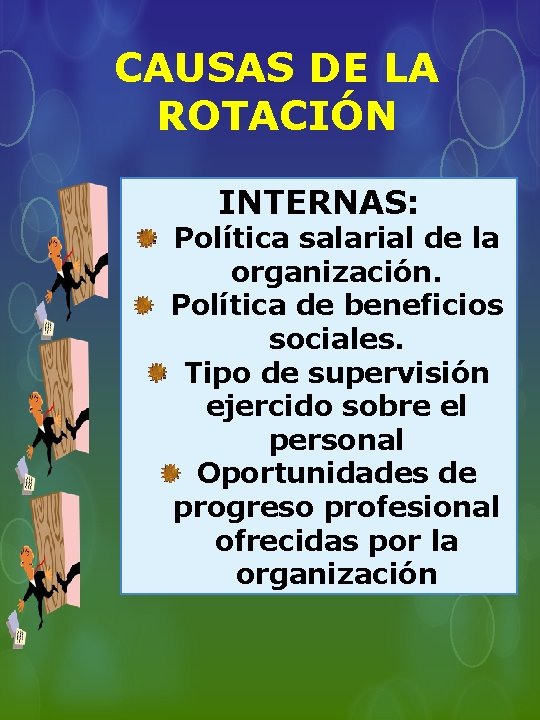 CAUSAS DE LA ROTACIÓN INTERNAS: Política salarial de la organización. Política de beneficios sociales.