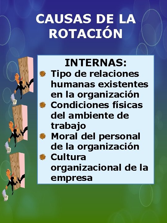 CAUSAS DE LA ROTACIÓN INTERNAS: Tipo de relaciones humanas existentes en la organización Condiciones