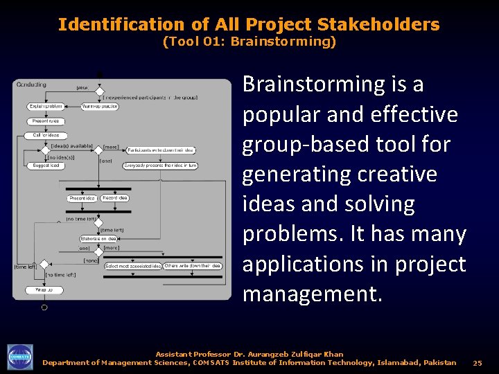 Identification of All Project Stakeholders (Tool 01: Brainstorming) Brainstorming is a popular and effective