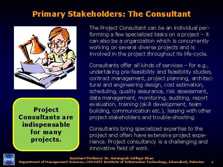 Primary Stakeholders: The Consultant The Project Consultant can be an individual performing a few