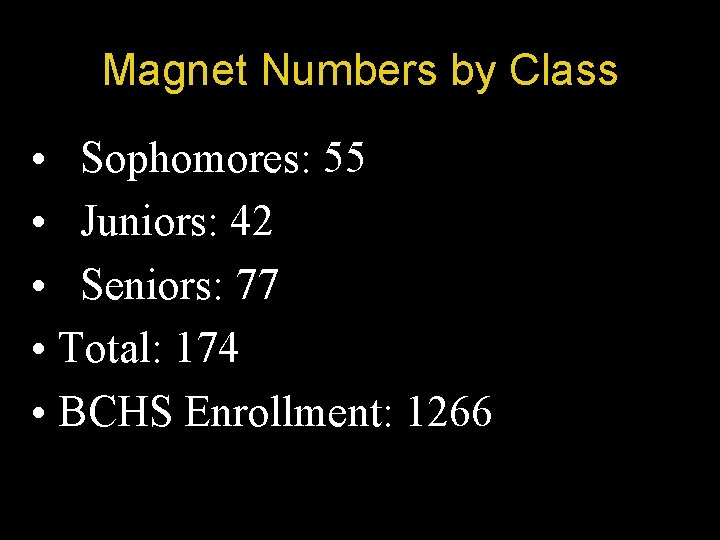 Magnet Numbers by Class • Sophomores: 55 • Juniors: 42 • Seniors: 77 •