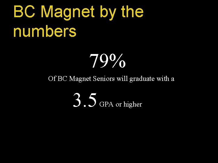 BC Magnet by the numbers 79% Of BC Magnet Seniors will graduate with a