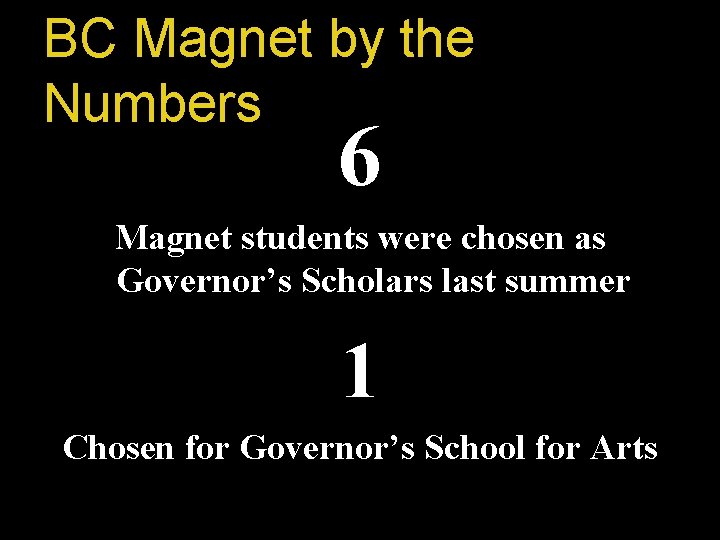 BC Magnet by the Numbers 6 Magnet students were chosen as Governor’s Scholars last