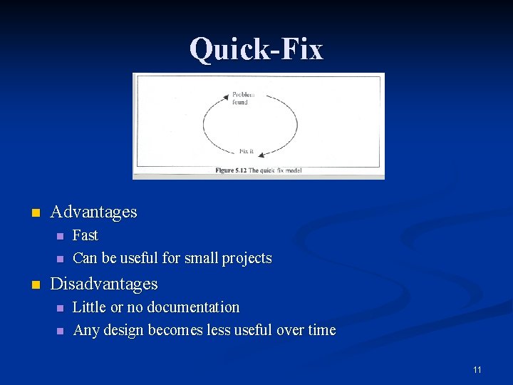 Quick-Fix n Advantages n n n Fast Can be useful for small projects Disadvantages