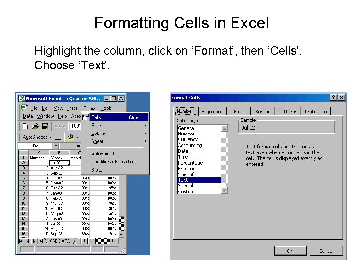 Formatting Cells in Excel Highlight the column, click on ‘Format’, then ‘Cells’. Choose ‘Text’.