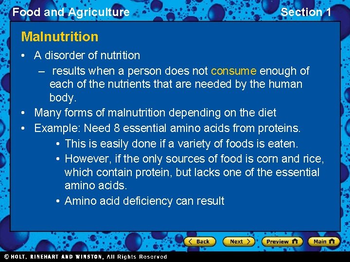 Food and Agriculture Section 1 Malnutrition • A disorder of nutrition – results when