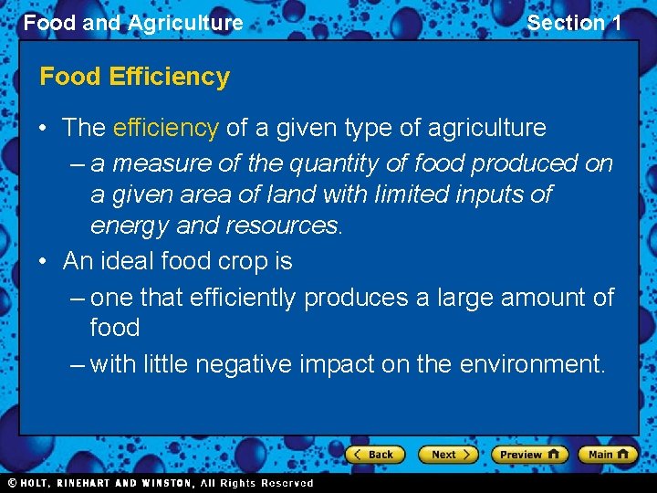 Food and Agriculture Section 1 Food Efficiency • The efficiency of a given type