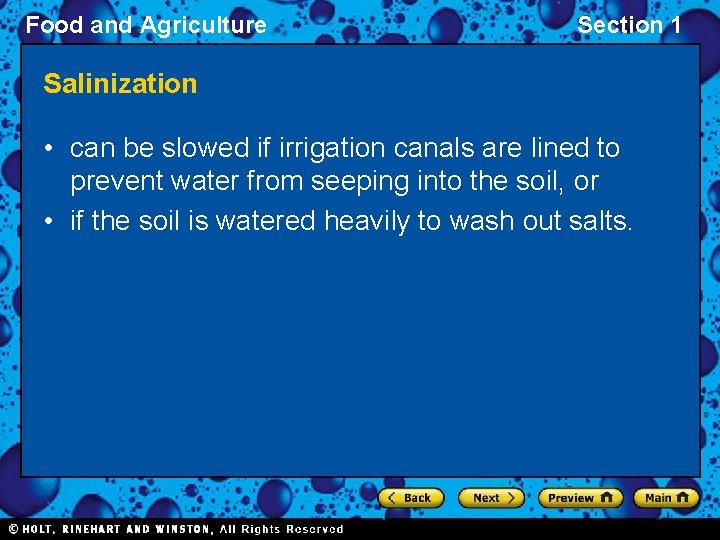 Food and Agriculture Section 1 Salinization • can be slowed if irrigation canals are