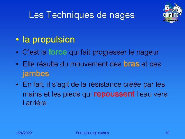 Les Techniques de nages • la propulsion • C’est la force qui fait progresser