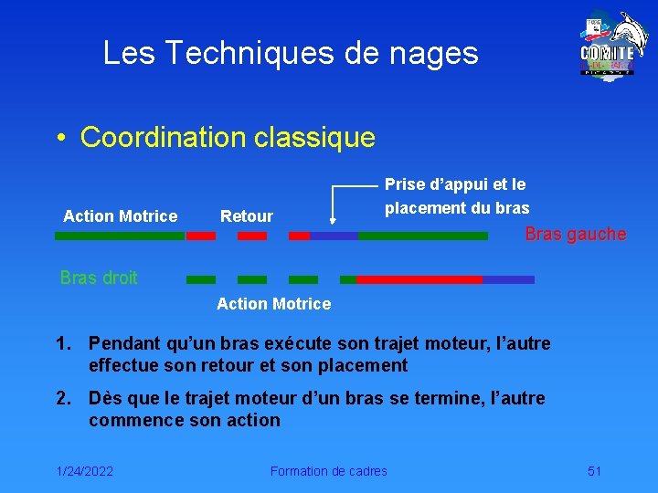 Les Techniques de nages • Coordination classique Action Motrice Retour Prise d’appui et le