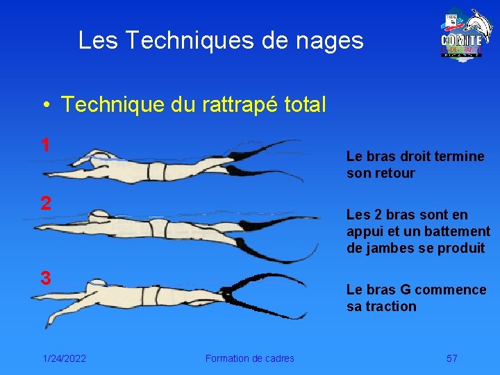 Les Techniques de nages • Technique du rattrapé total 1 Le bras droit termine